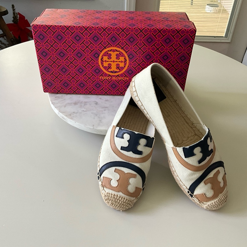 Tory Burch Blue and Tan Espadrilles with Signature Style